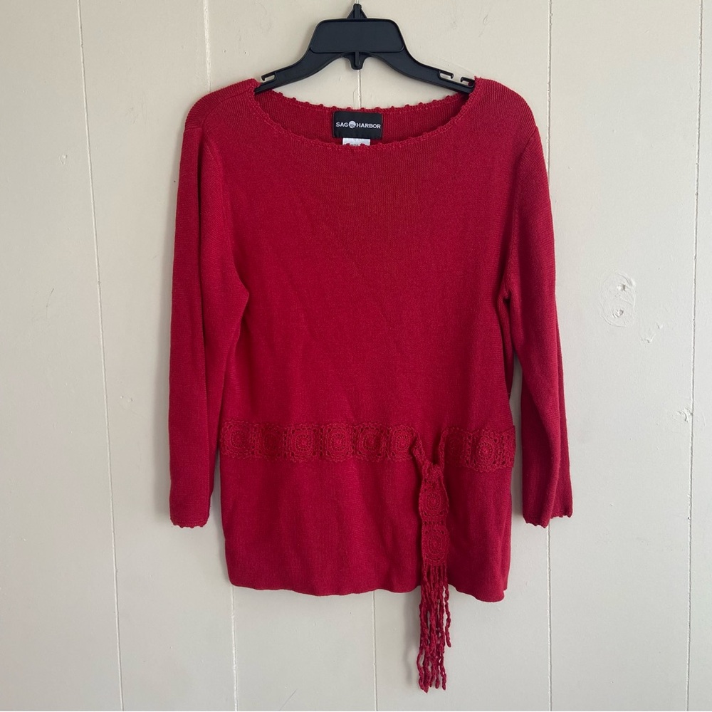 Sag Harbour red women’s sweater. Size M. 3/4 sleeves. Crocheted lace belt.
